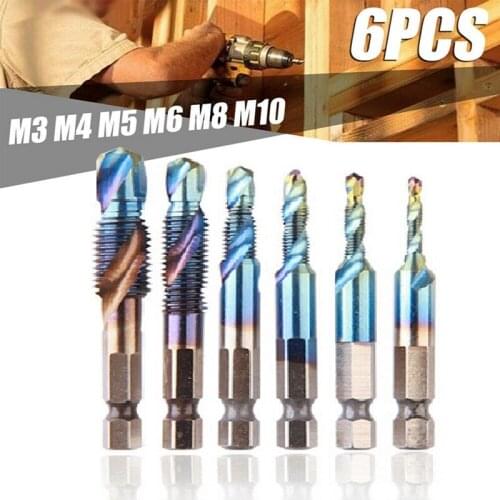 6Pcs/set M3-M10 Titanium HSS Combination Drill Tap Bit High Speed Steel Hex Shank Machine Taps Kit Taps Accessories