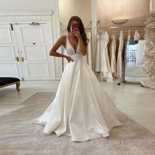 White V-Neck Satin Lace Long Wedding Dresses A-Line Bridal Gown Custom Made Vestido De Noiva 2020 New Wedding Gown