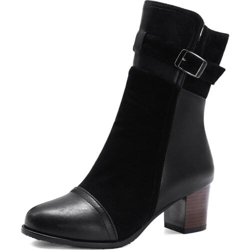 Round Head Thick Heel PU Stitching Matte Suede Mid-Calf Boots Zipper Belt Buckle Army Green Short Shoes Brown High Heel Boots