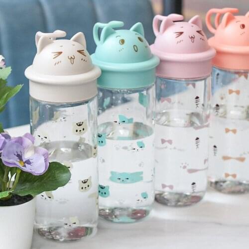 Outdoor Sports Water Bottle with Cute Cartoon Cat Lid Creative Shape Large Capacity Transparen Plastic Cup for Children Adult