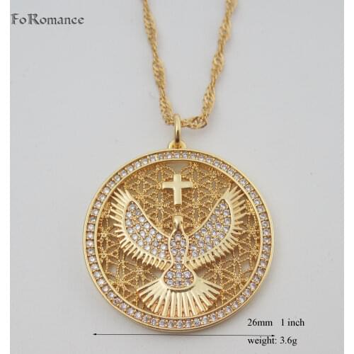 YELLOW GOLD GP 18" WATER WAVE CHAIN & MANY STONES EAGLE AND CROSS IN CIRCLE PENDANT DIA 26MM 1INCH NECKLACE