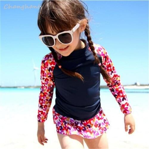 2-10 Y Girl Two Pieces Swimwear Long Sleeve Black with Hearts Pattern Kids Swimsuit Children Sandy Beachwear Rash Guard