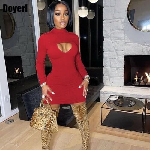 Elegant Casual Womens Dresses Autumn Night Club Bodycon Dress Women Solid Long Sleeve Cut Out Mini Short Party Dress for Ladies
