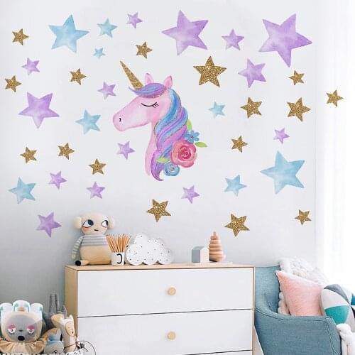 Fantasy Unicorn Stars Rainbow Wall Sticker Girls Bedroom Wall Decal Art Decal DIY Nursery Home Decor