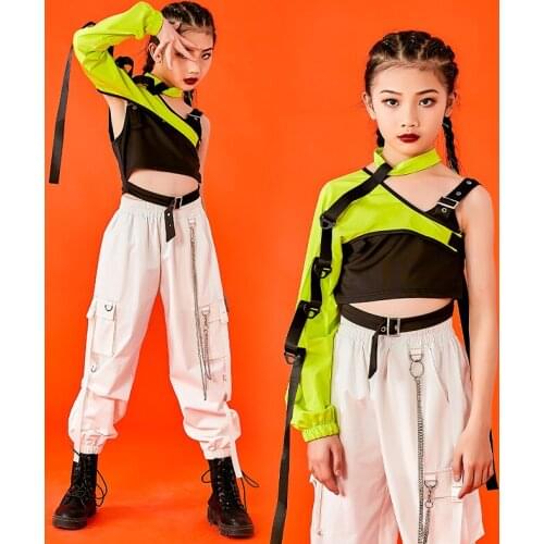 Girls Jazz Modern Dance Costumes Single Sleeve White Loose Pants Street Dance Hip Hop Clothing For Kids Rave Clothes DQS6670