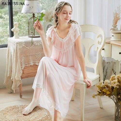 Summer Sexy Nightgown Women V-neck Long-sleeved Sweet Lace Palace Princess Long Dress Sleepwear Fashion Plus Size Loose Lingerie