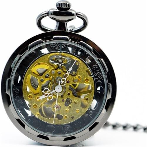 Antique Glass Case Mechanical Hand Wind Skeleton Mechanical Pocket Watch Men Women Watches Pocket Necklace Chain Gift