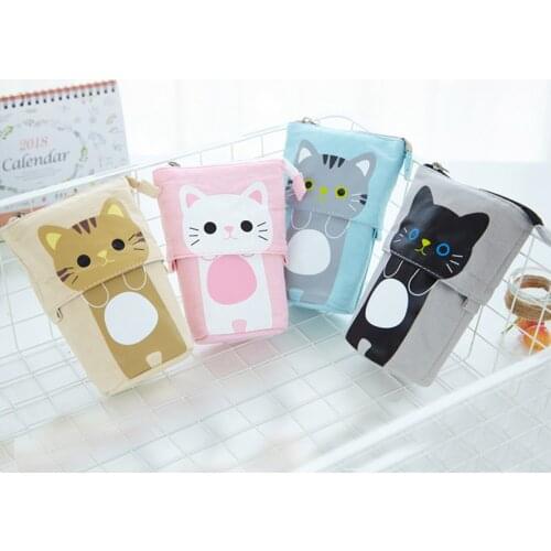 Cute Cartoon Cat Transformer Telescopic Canvas Stand Store Pencil Stationery Holder Pouch Bag Case with Zipper Closure