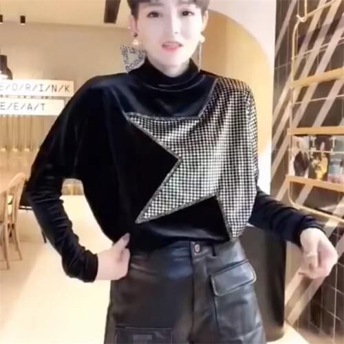 Autumn new fashion five-pointed star color velvet womens long-sleeved shirt bat sleeve bright diamond base T-shirt