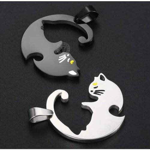Cat Puzzle Lover Couples Pendants Necklace for Men Women Black Silver Color Stainless Steel Pendant Necklace Jewelry Gift DKP640