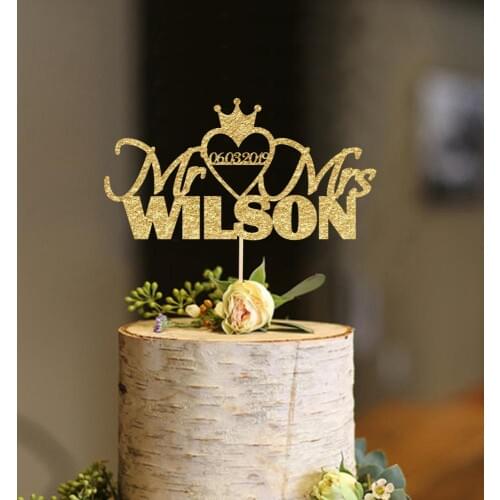 Custom Glitter Paper plus Wood Mr Mrs Wedding Cake Topper,Couple Engagement Personalized Cake Topper,Love Heart Crown Cake Decor