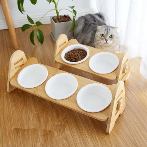 Adjustable Bamboo Double Cat Bowl Cartoon Patterns Ceramic Dog Bowl Cat Puppy Food and Water Dishes Pet Feeding Drinking Bowls