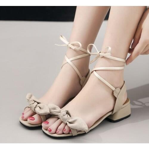 Summer Bow Knot Sandals Female Students Rome Women Shoes 2020 New Solid Flock Lace Up Square Low Heels Shoes Woman Plus Size