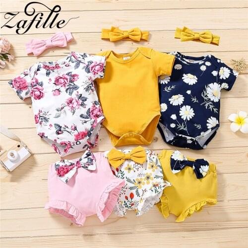 ZAFILLE Sunflower Baby Clothes Outfits Floral Short Sleeveless Baby Bodysuit +Bow Shorts Toddler Girl Clothes For Newborn