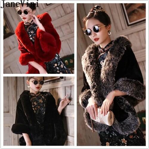 JaneVini 2021 High Quality Faux Fur Shawls Wrap for Women Black Gray Burgundy Wedding Capes Soft Fur Formal Dress Boleros Cloak