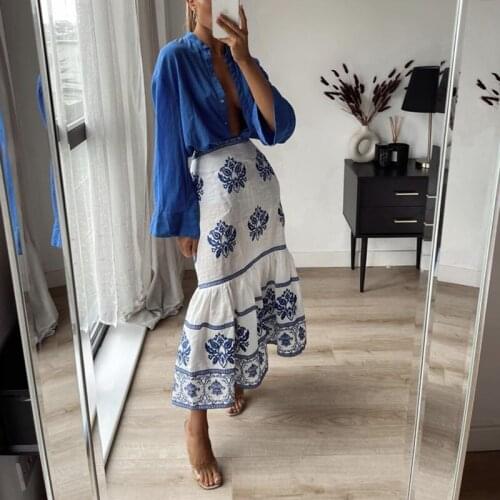 Woman Casual Blue Embroidery Cotton Linen Trumpet Skirt 2021 Summer Female Ruffles Beach Skirts Ladies Soft High Waisted Skirt