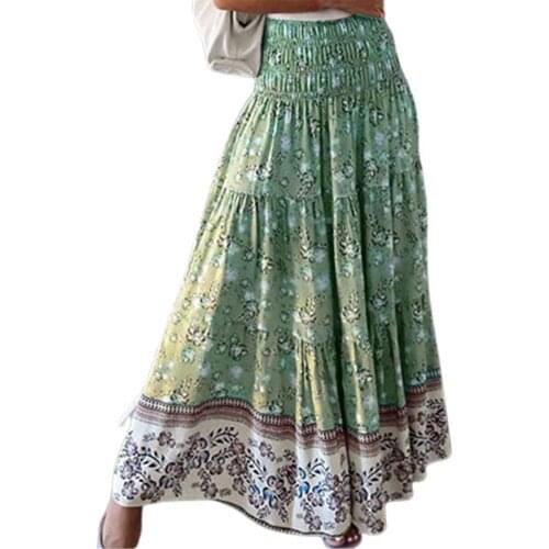 Womens Long skirts High-waisted Ankle-length skirt Elastic Floral Printed Women Flower Ethnic Print skirts womens 2021
