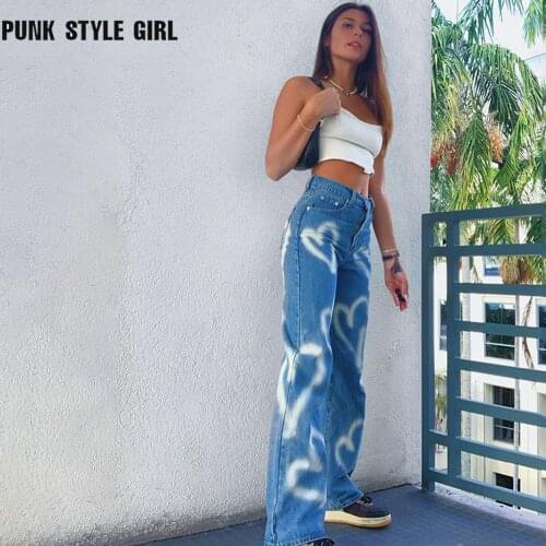 2021 New Fashion Wide-leg Jeans High Waist Casual Denim Pants Heart Print Y2k Retro Comfort Elasticity Womens Trousers