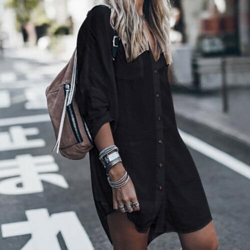 Women Loose Dresses Casual Tunic Shirt V-Neck Spring Solid Button Down Pocket Shirts Dress Womens Dress Beachwear
