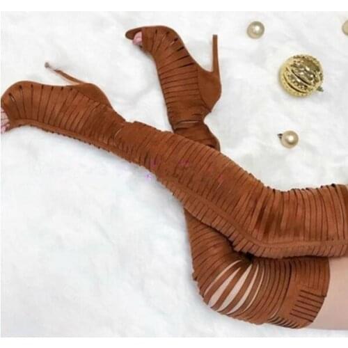 2017 Spring summer narrow bands peep toe high heels thigh high boots black/brown hollow out over the knee high women boots