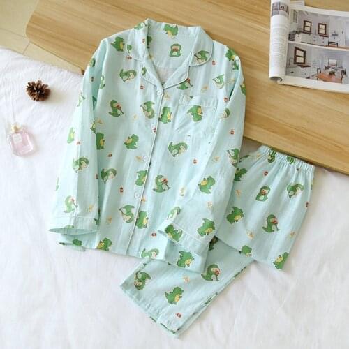 Ladies Pajamas Set 100% Cotton Cartoon Print Plaid Pyjamas Women Turn-down Neck Long Sleeve+Long Pants Comfort Nature Sleepwear