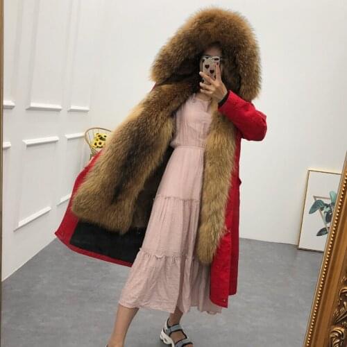 Women real mink raccoon fur liner coat female parka overcoat hooded with raccoon fur collar threshold detachable outerwear