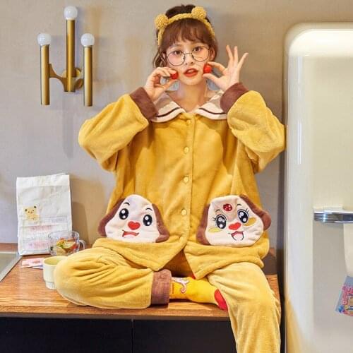 Winter Warm Women Pajamas sets Sleepwear Flannel Long Sleeves Pajamas Sleepwear Cute Animal Female Homewear pijamas Cartoon pjs