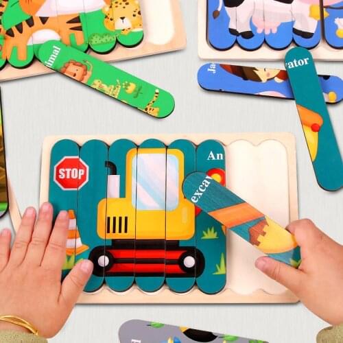 Cartoon Animal 3D Wooden Puzzle Montessori Toys Double-sided Strip Puzzles Educational Toys For Children Kids Jigsaw Puzzle