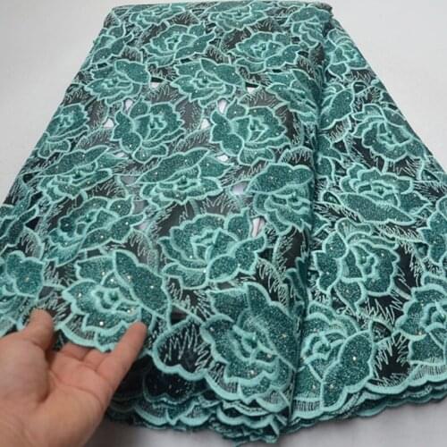Free shipping (5yards/pc) high grade teal green African hand cut organza lace fabric with embroidery and beads for dress CLP318