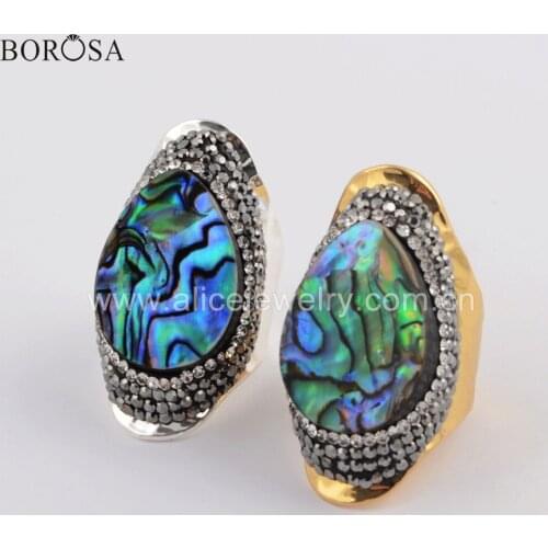 BOROSA 5PCS New Gold Silver Plated Natural Abalone Shell Paved Rhinestones Band rings shell rings for summer gift JAB960