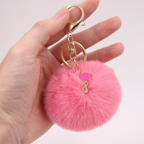 Fluffy Pompom Keychain Plush Crown Flamingo Keyring Lovely Stuffed Doll Key Holder Handbag Hanging Pendant Ornament Pink