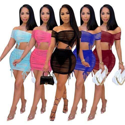 Chiclover Women Summer Clothing 2021 Wholesale Items Sexy Mesh Transparent Two Piece Set Pleated Slash Neck Tops and Skirts Sets