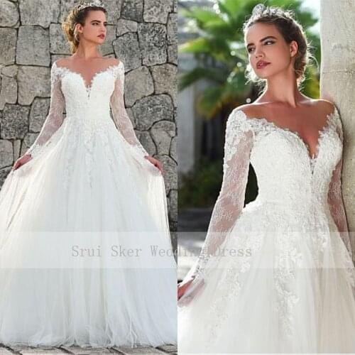 Marvelous A-Line Tulle Gowns Illusion Neckline Wedding Dress Long Sleeve Custom Made Appliques Sexy Back Vestios De Novia Bridal