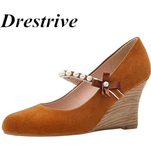 Drestrive Women Pumps Wedges Pointed Toe Faux Kid Suede Bead 2021 Summer High Heel Shoes Mary Janes Black Shallow Butterfly Knot