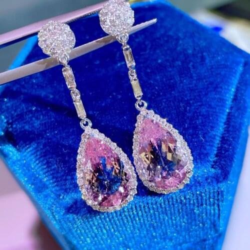 J317 Fine Jewelry Real Pure 18K White Gold AU750 100% Natural Pink Morganite Gemstone 6.7ct Drop Earrings for Women