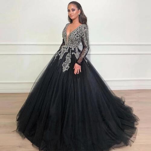 Lorie Dubai Arabic Black Ball Gown Evening Dresses V Neck Long Sleeves Sequined Beads Lace Applique Prom Quinceanera Dresses