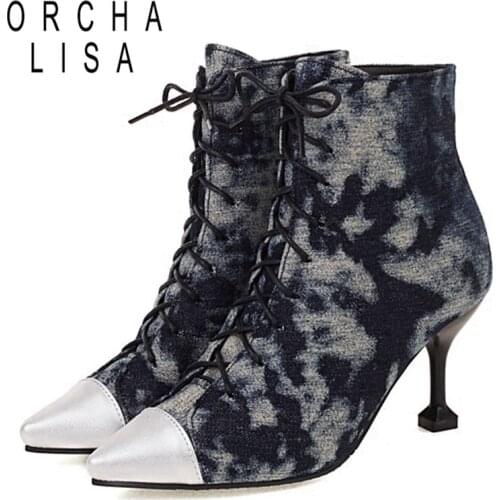 ORCHALISA 2021 Designer Fashion Ankle Boots for Women Demin Pointed Toe Thin Needle Stiletto Heel Lace Up Blue Yellow 48 S2444