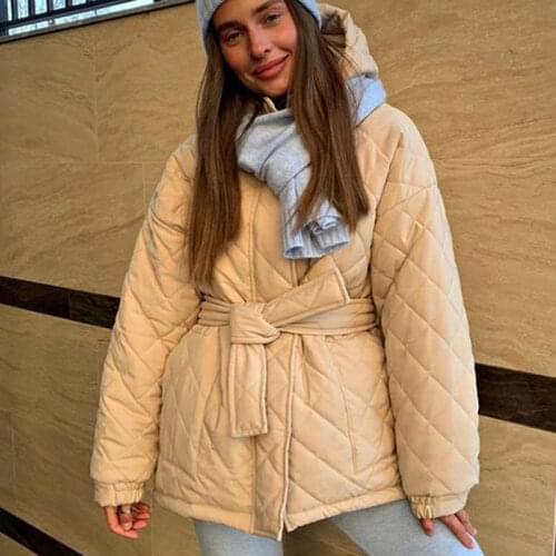 RR Casual Solid Arygle Tie Belt Parkas Women Fashion Thick Short Coats Women Elegant Hooded Loose Cotton Jackets Female Ladies