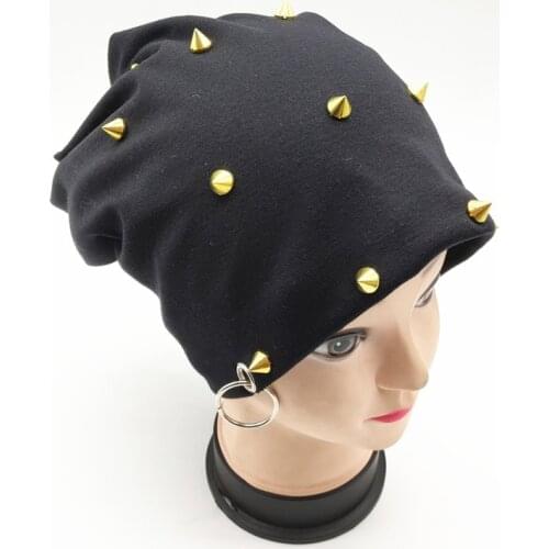 Women adult personality punk beanies caps Baggy Polyester rivets hip hop skullies gorras Skullcap for riding