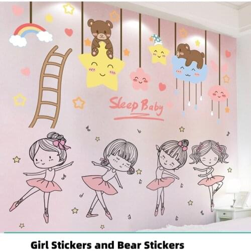 [shijuekongjian] Bear Animals Clouds Stars Wall Stickers DIY Ballet Girl Wall Decals for Kids Bedrooms Nursery House Decoration