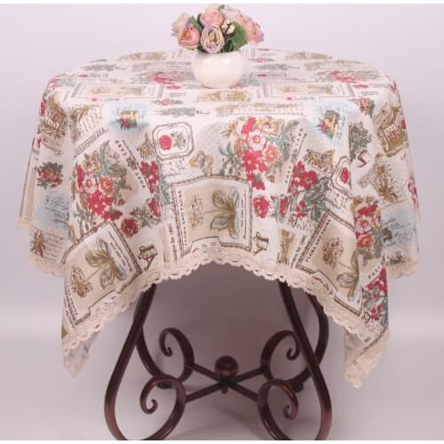 CURCYA Mediterranean Tablecloth Cotton Linen Romantic Floral Stamps Vintage Table Cover Wedding Party Christmas Table Cloth