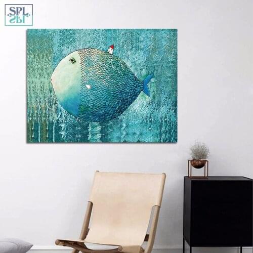 SPLSPL Cute Cartoon Girls Room Decor Posters and Prints Watercolor Blue Fish Wall Art Picture Bedroom Decoration Canvas Painting