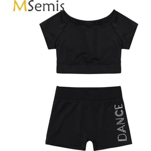 Girls Gymnastics Ballet Suit Tankini Sports Suit Crop Top Rhinestone Letters DANCE Bottoms Shorts Set Gym Child Dance Costumes