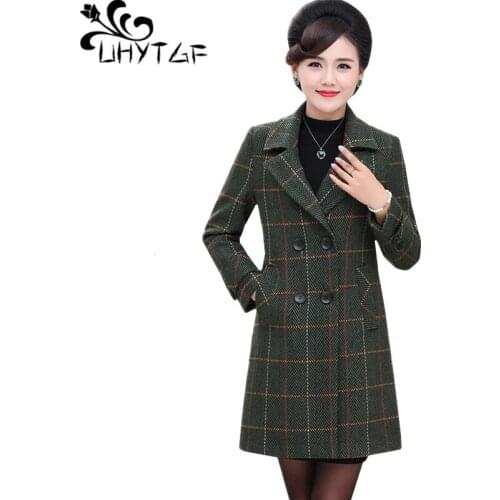 UHYTGF 5XL plus size coat women fashion plaid double breasted spring autumn wool coat elegant mom casual jacket abrigo mujer 533