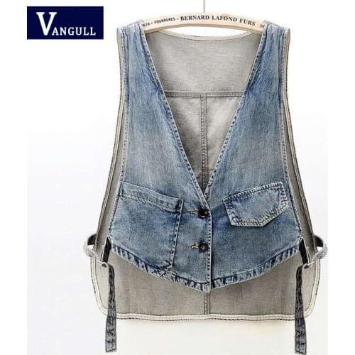 Vangull Casual Solid Denim Vest Women Single Breasted Sleeveless Waistcoat Female Jean Vest Spring Autumn Loose Plus Size Vest