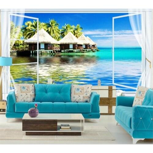 Wellyu Custom 3d seaside cottage big tree scenery sofa background wall living room ws window sea garden balcony steps lake view