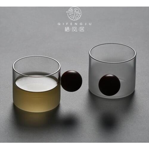 Japanese creative heat-resistant grinding glass wood handle Chinese kungfu teaware tea cup transparent coffee cup water cup