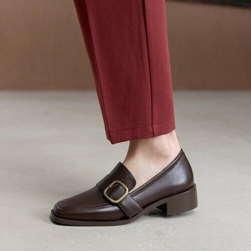 Women Shoes Fashion Genuine Leather Retro Buckle Loafers Slip-On Spring/Autumn Flats Square Toe Thick Heel Handmade Size 34-40