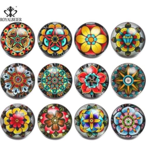 ROYALBEIER 12pcs/lot Tattoo Flower Pattern Multi Color Charms Fit 18mm Glass Snap Button Jewelry Charm Women Jewelry KZ1010