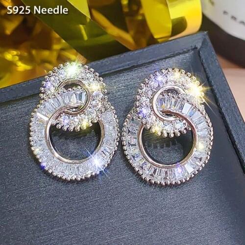 Real 925 Sterling Silver Stud Earrings for Women Jewelry Double Round Bling Rhinestone CZ Female Party Earrings Gift